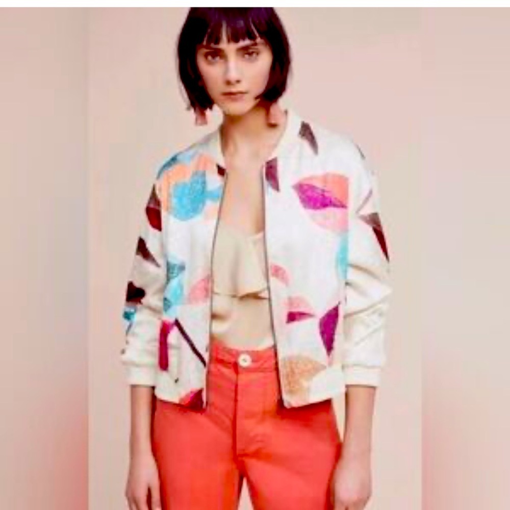 elevenses Cream Bomber Jacket with Multicolor Leaf Print